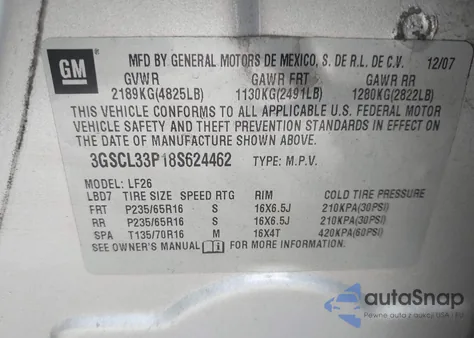 2008 Saturn Vue 4-Cyl Xe from USA, damaged, VIN 3GSCL33P18S624462